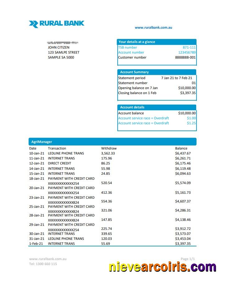 Australia Rural Bank statement easy to fill in Excel and PDF format